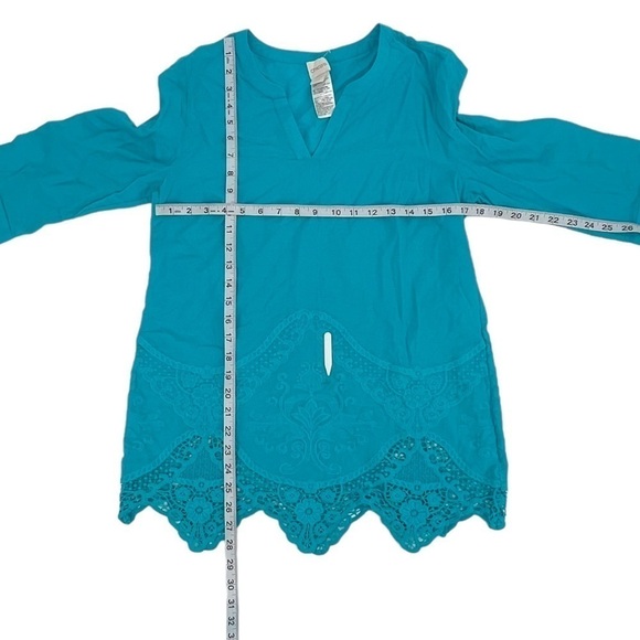 CHICO’s Blue 3/4 Sleeve Scalloped Lace Hem Blouse Size 4 (0 CHICO's) Women’s - Picture 4 of 6